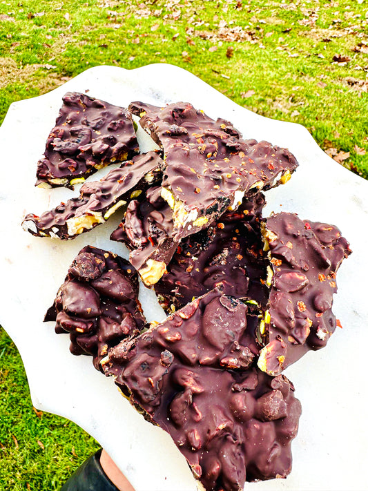 Cherry, Pistachio, & Walnut Dark Chocolate Bark